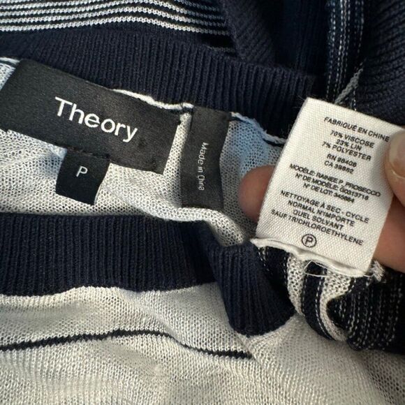 Theory Womens Navy Blue White Striped Linen Blend Sheer Sweater Petite Small - Picture 2 of 3